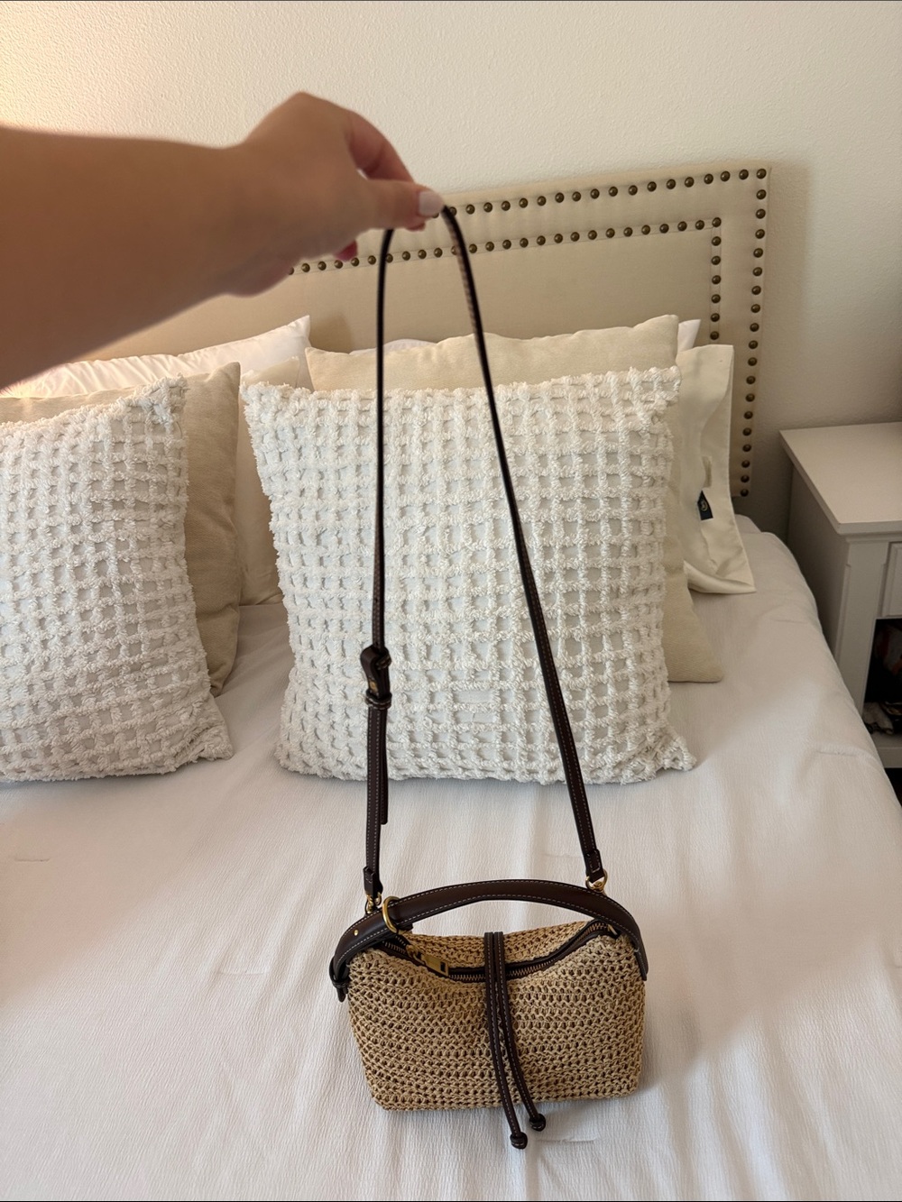 Zara Straw Shoulder Bag with Dark Brown Trim - Picture 2 of 3